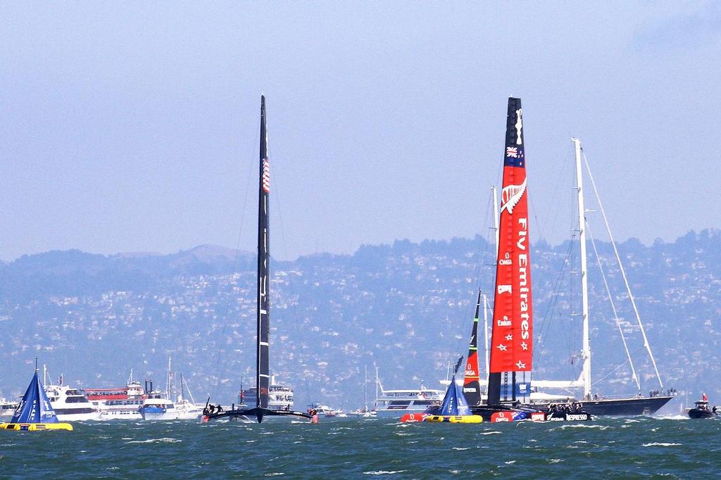 Oracle Team USA v Emirates Team New Zealand. America’s Cup Day 5 San Francisco. Emirates Team NZ comes close to a capsize in Race 8 as Oracle Team USA avoids -11 © Richard Gladwell www.photosport.co.nz